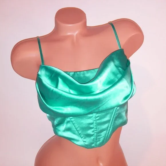 Princess Polly Crop Top Size 4 Teal Satin Draped Neck Solid Zip Up Back Preowned - Picture 4 of 8